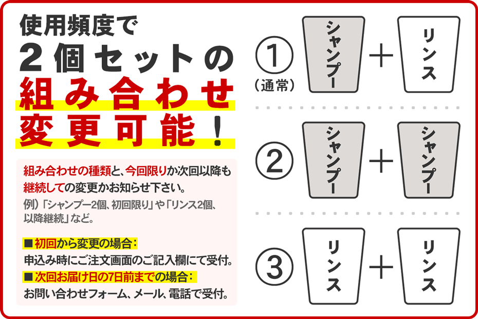 シャンプー・リンス組み合わせ変更可能