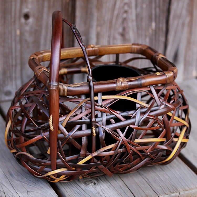 一点限り】渡辺竹清作 鳳尾竹乱れ編み花籠（Japanese bamboo art by