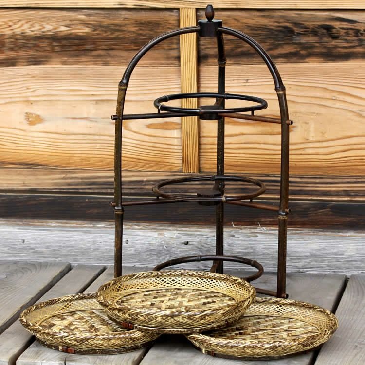 黒竹アフタヌーンティースタンド（三段）、 虎竹平かご3枚セット | 虎