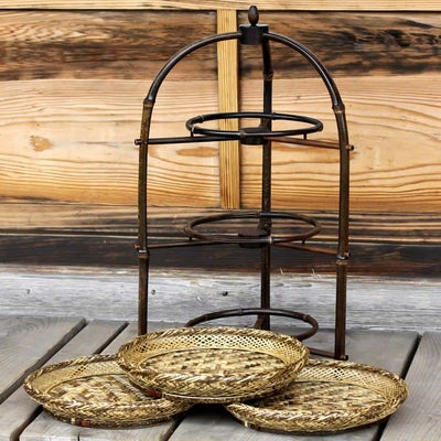 黒竹アフタヌーンティースタンド（三段）、虎竹平かご3枚セット