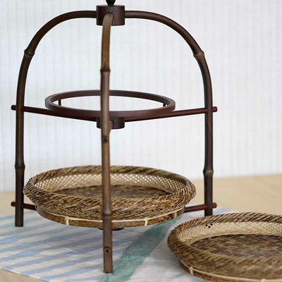 黒竹アフタヌーンティースタンド（二段）、虎竹平かご2枚セット