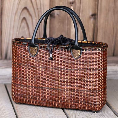 染籐手提げ籠バッグ（黒革持ち手）