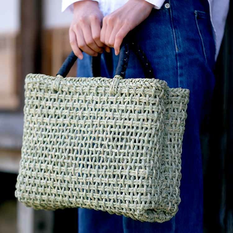 い草編み黒革持ち手バッグ | 虎斑竹専門店 竹虎