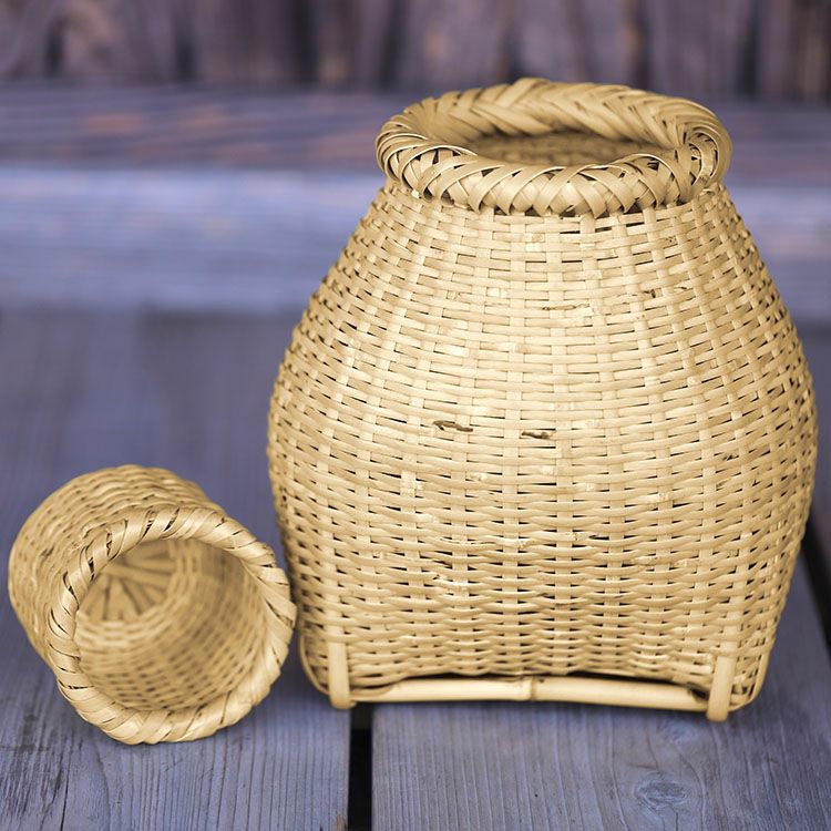 一点限り】渡辺竹清作 鳳尾竹乱れ編み花籠（Japanese bamboo art by